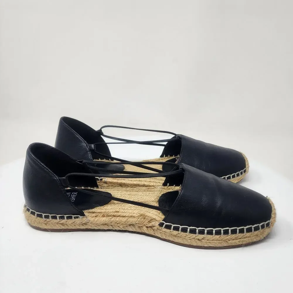 Eileen Fisher Lee Espadrille Flat Women 8 Black Leather D'Orsay Stretch Straps